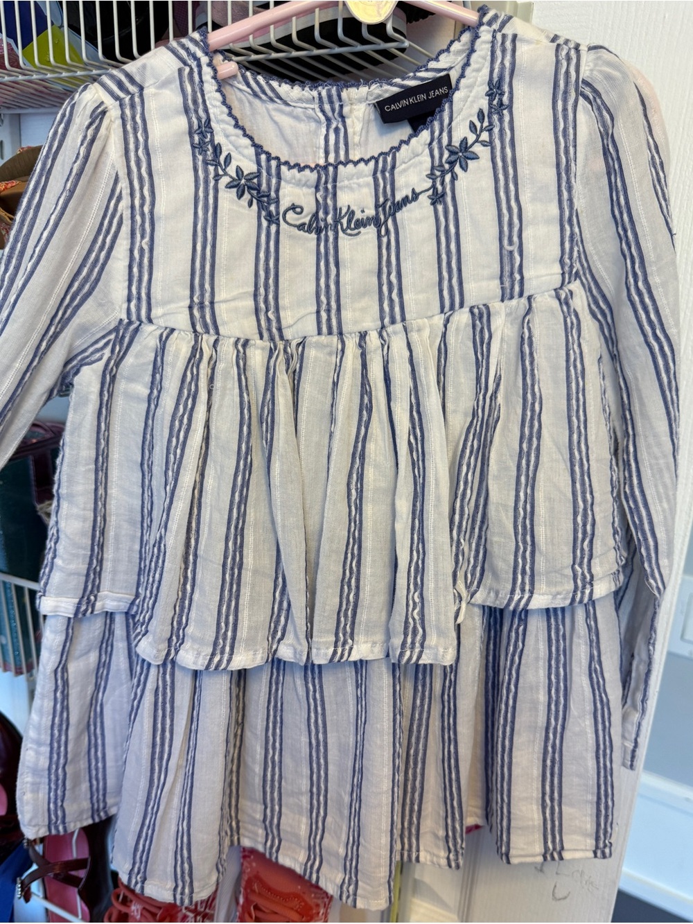 Calvin Klein Jeans White and Navy Striped Tiered Peplum Dress
